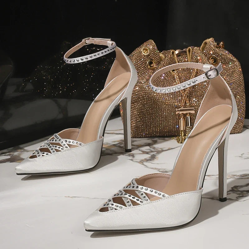 Designer Hollow Crystal Pointed Toe Black High Heels Sandals