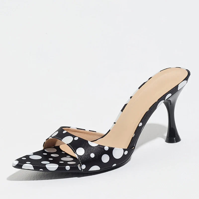 Bohemian Style Polka Dot Silk Pointed Toe Low Thin Heels Slippers