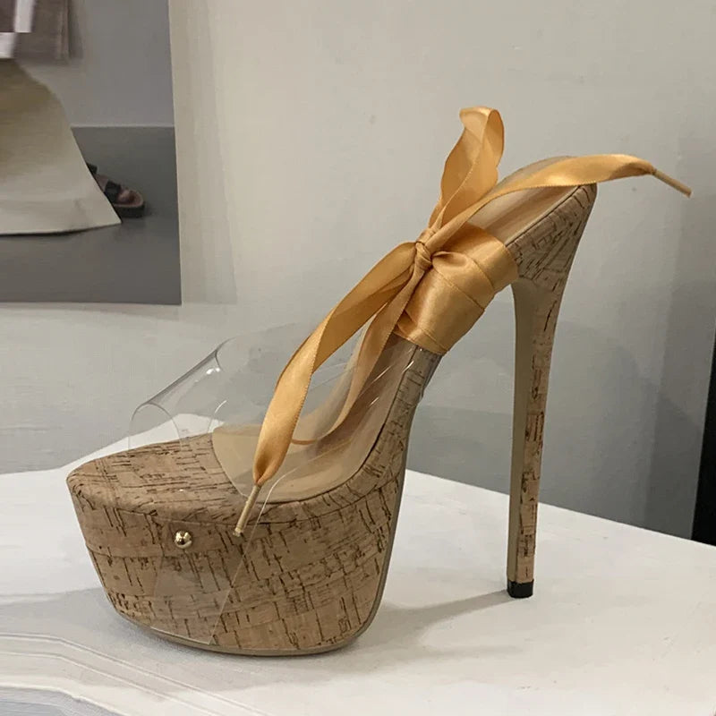 Sexy Yellow Silk Ankle Strap Platform Sandals