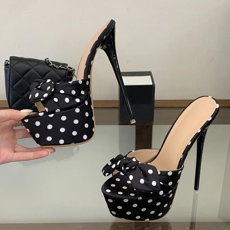 Cute Style Polka Dot Silk Bowknot Peep Toe 16CM Super High Heels Slippers