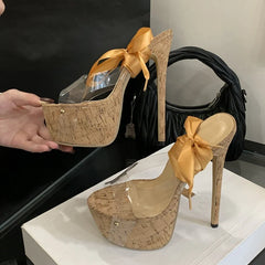 Sexy Yellow Silk Ankle Strap Platform Sandals