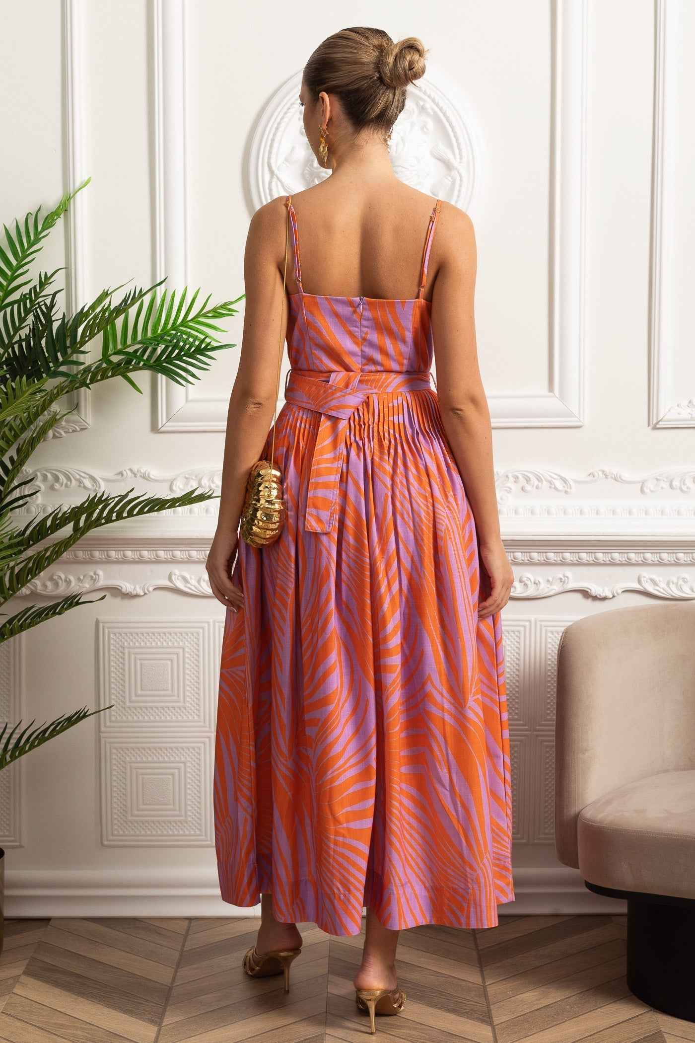 Pleated Bust Belted Midi Dress with Spaghetti Straps - Red
