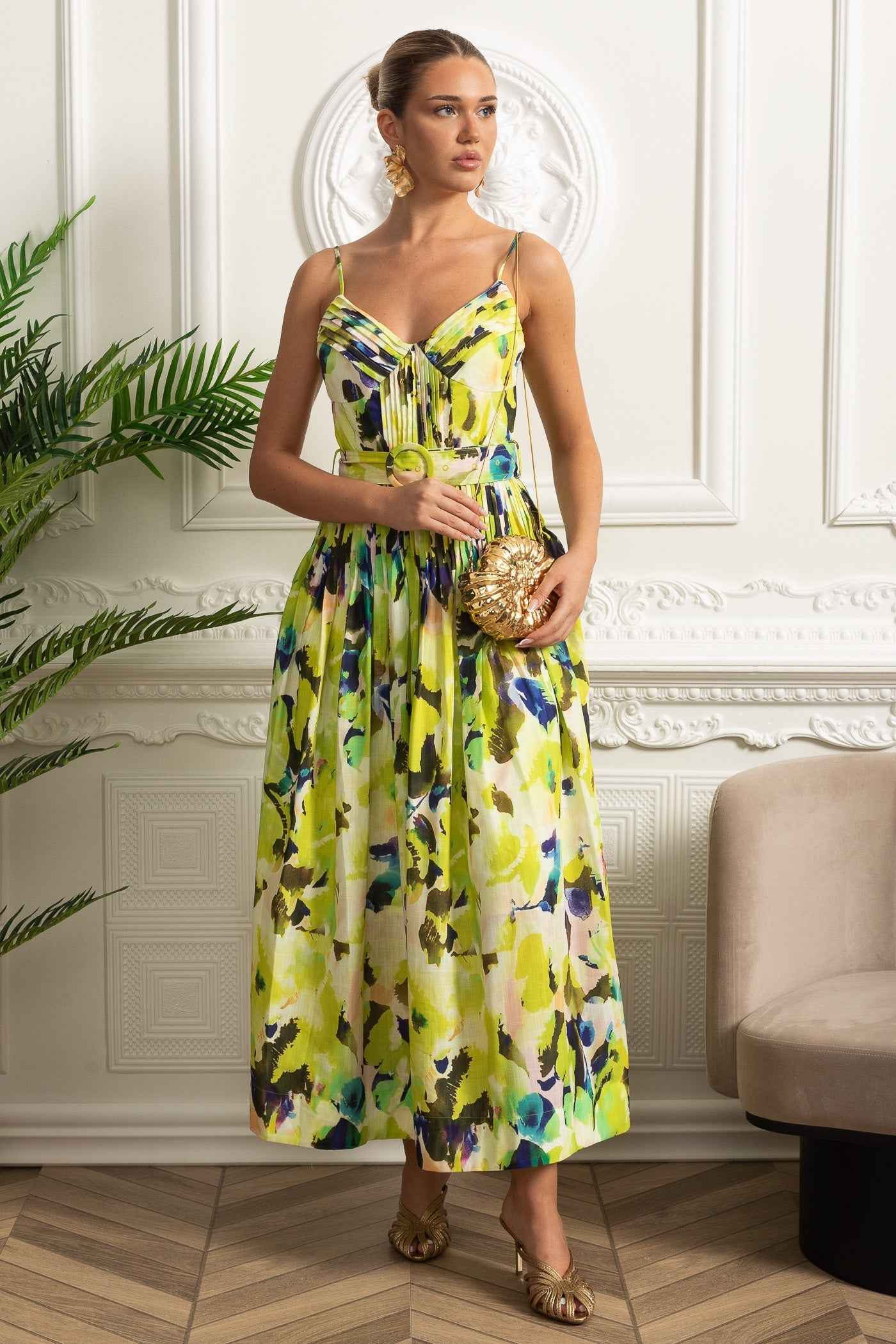 PLEATED FITTED MIDI SUMMER PARTY DRESS