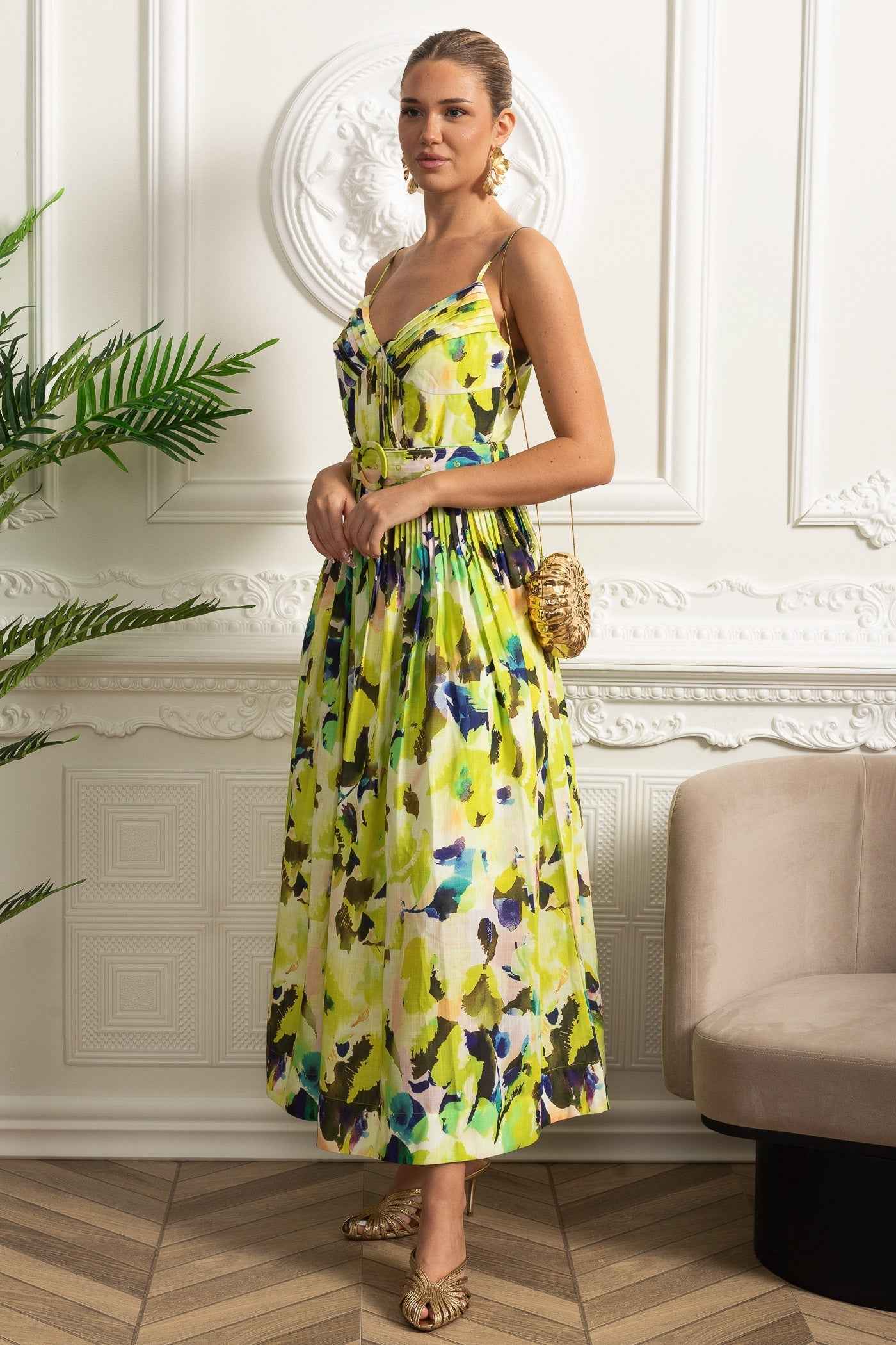 PLEATED FITTED MIDI SUMMER PARTY DRESS