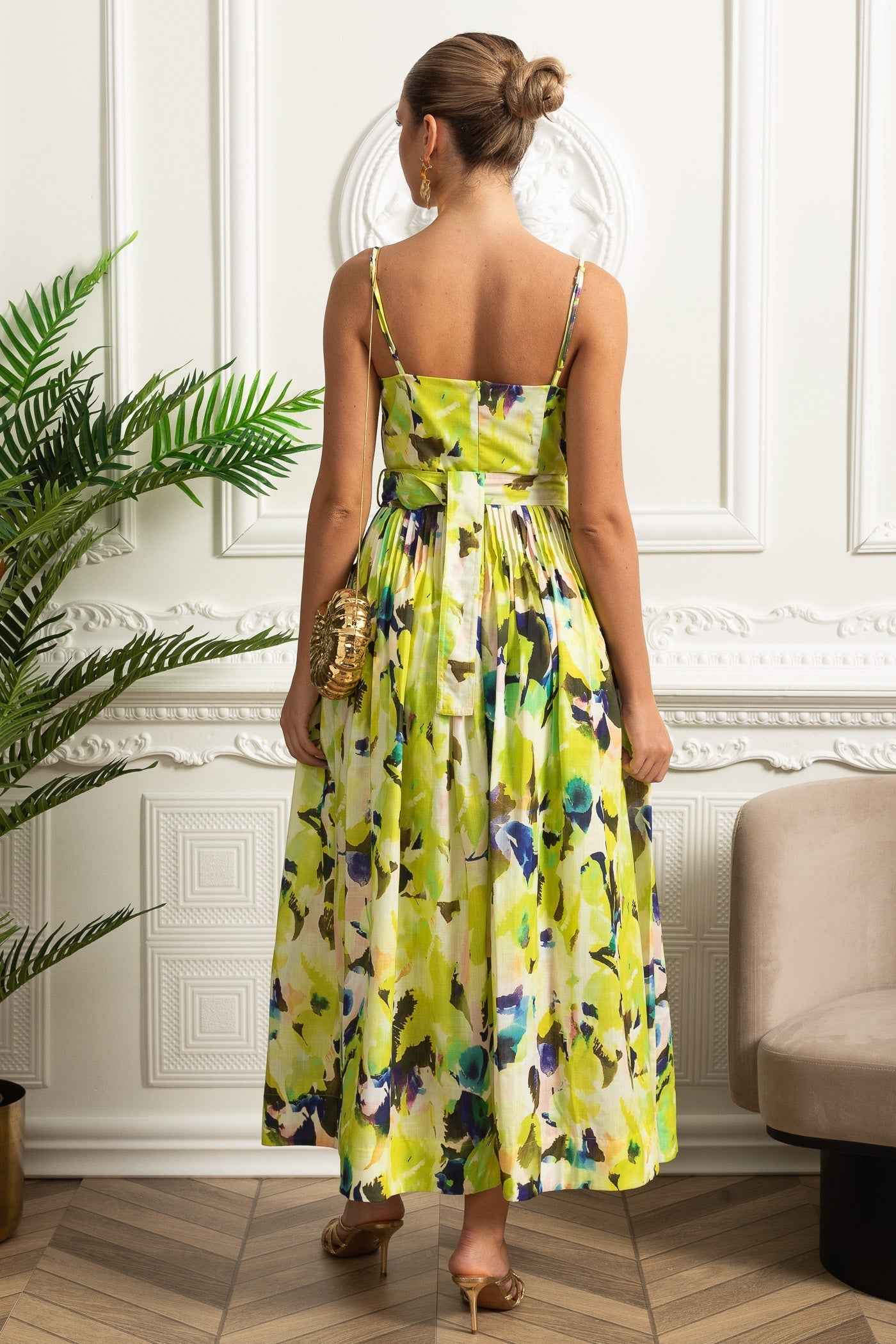 Pleated Bust Belted Midi Dress with Spaghetti Straps - Yellow