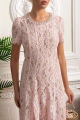 Lace Midi Dress with Crystal Embellished Collar - Pink