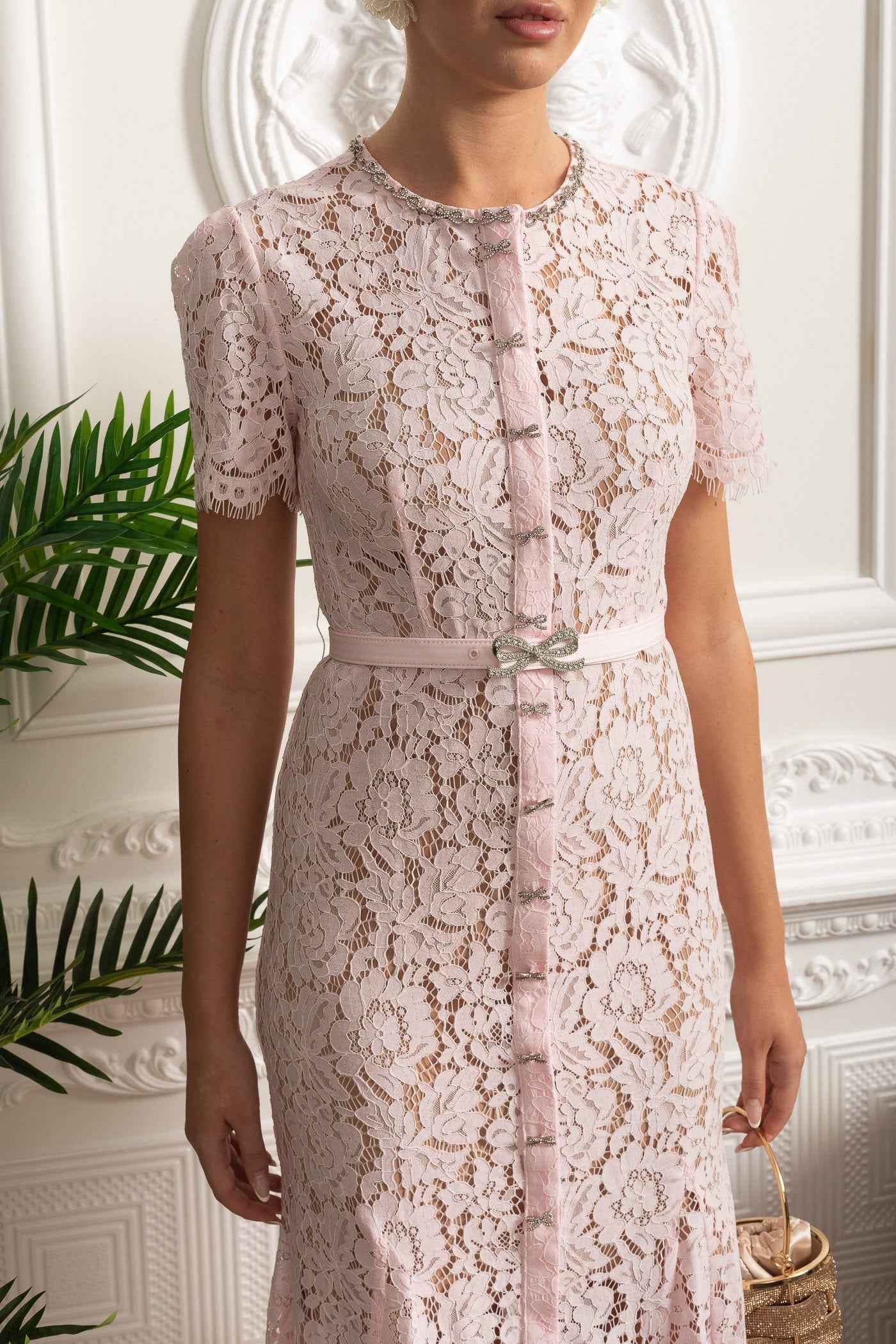 Elegant Floral Lace Fitted Dress with Button Detail and Scalloped Hem - Blush Pink