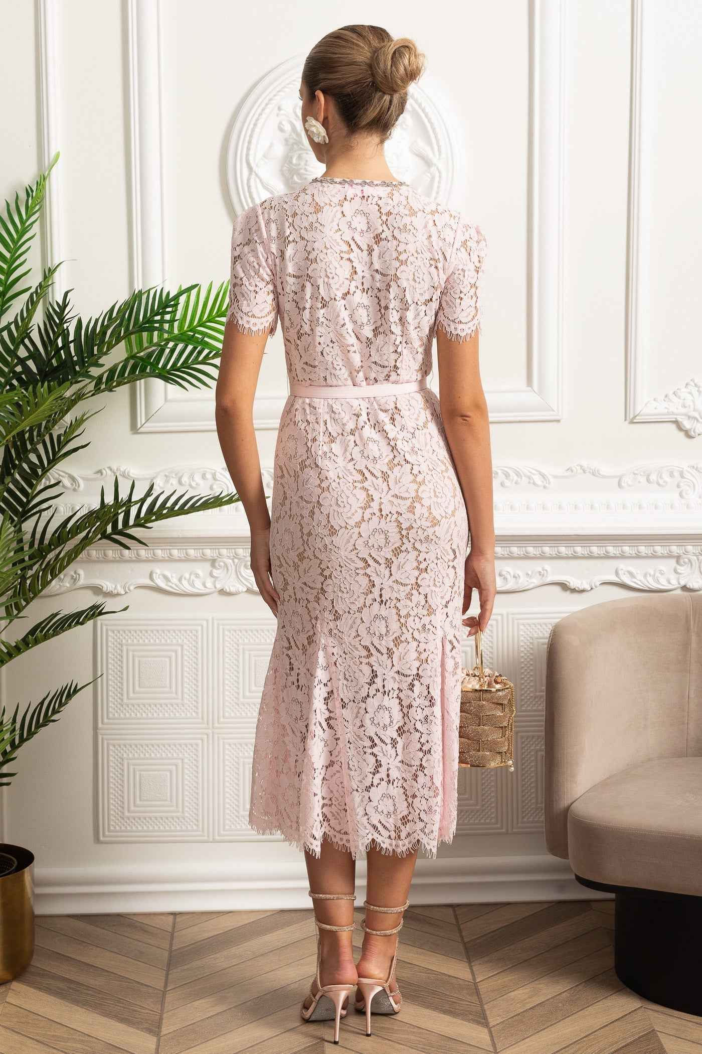 LACE FITTED MIDI COCKTAIL DRESS