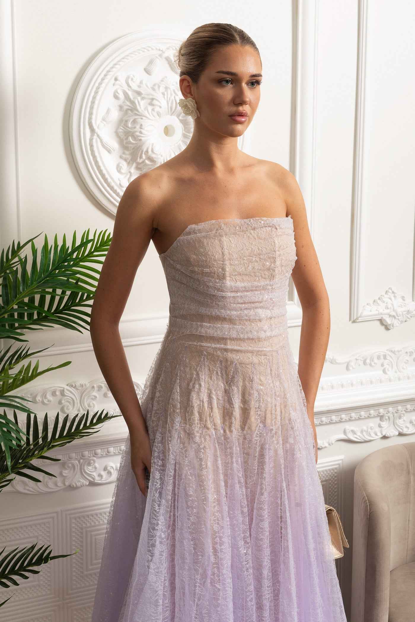 Strapless A-Line Midi Dress With Shimmery Textured Overlay - Lilac Gradient