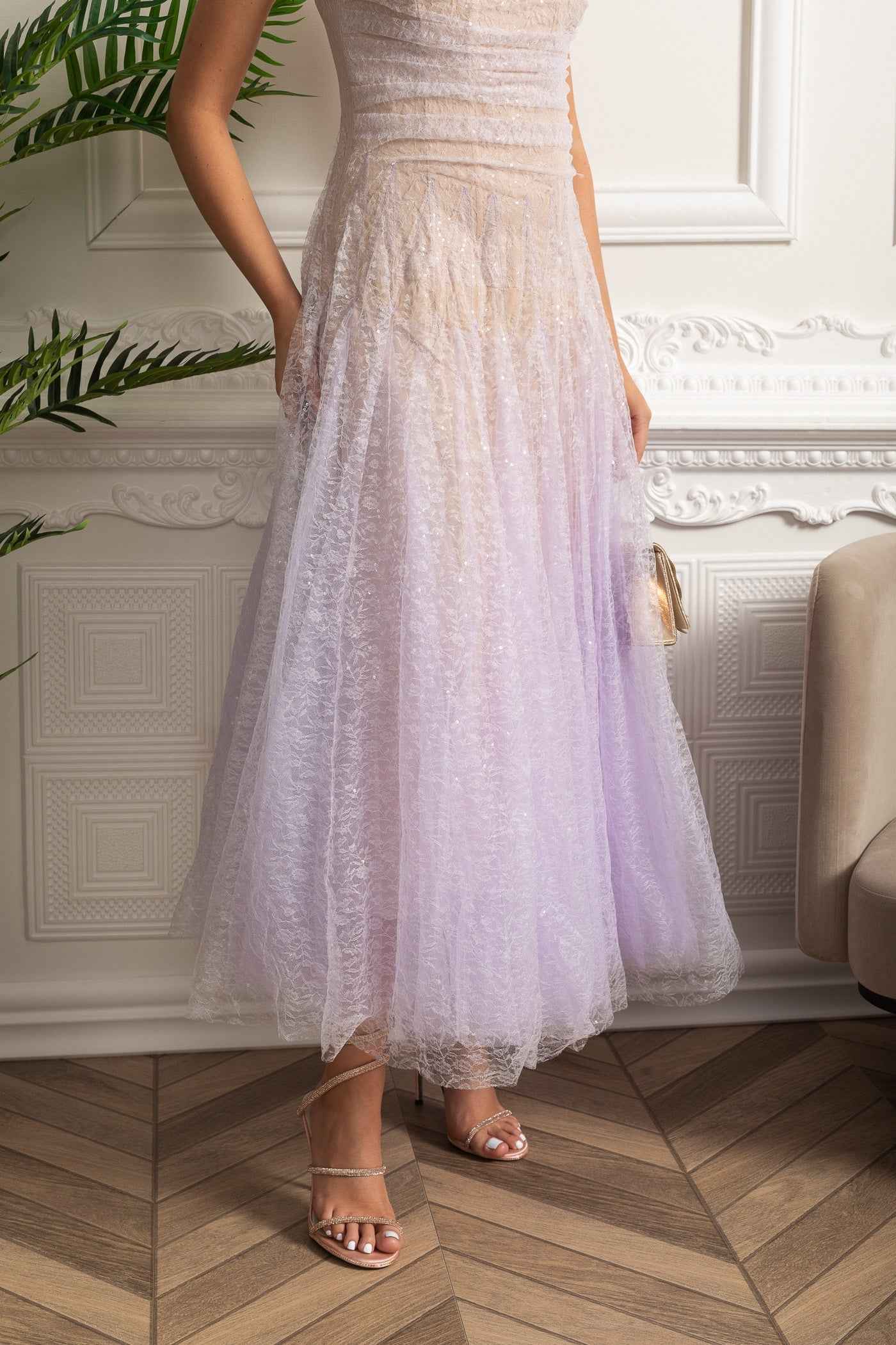 STRAPLESS FITTED MIDI COCKTAIL PARTY DRESS