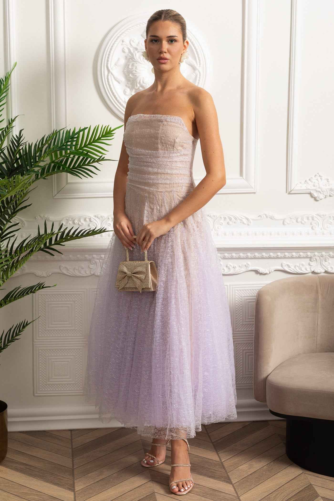 STRAPLESS FITTED MIDI COCKTAIL PARTY DRESS