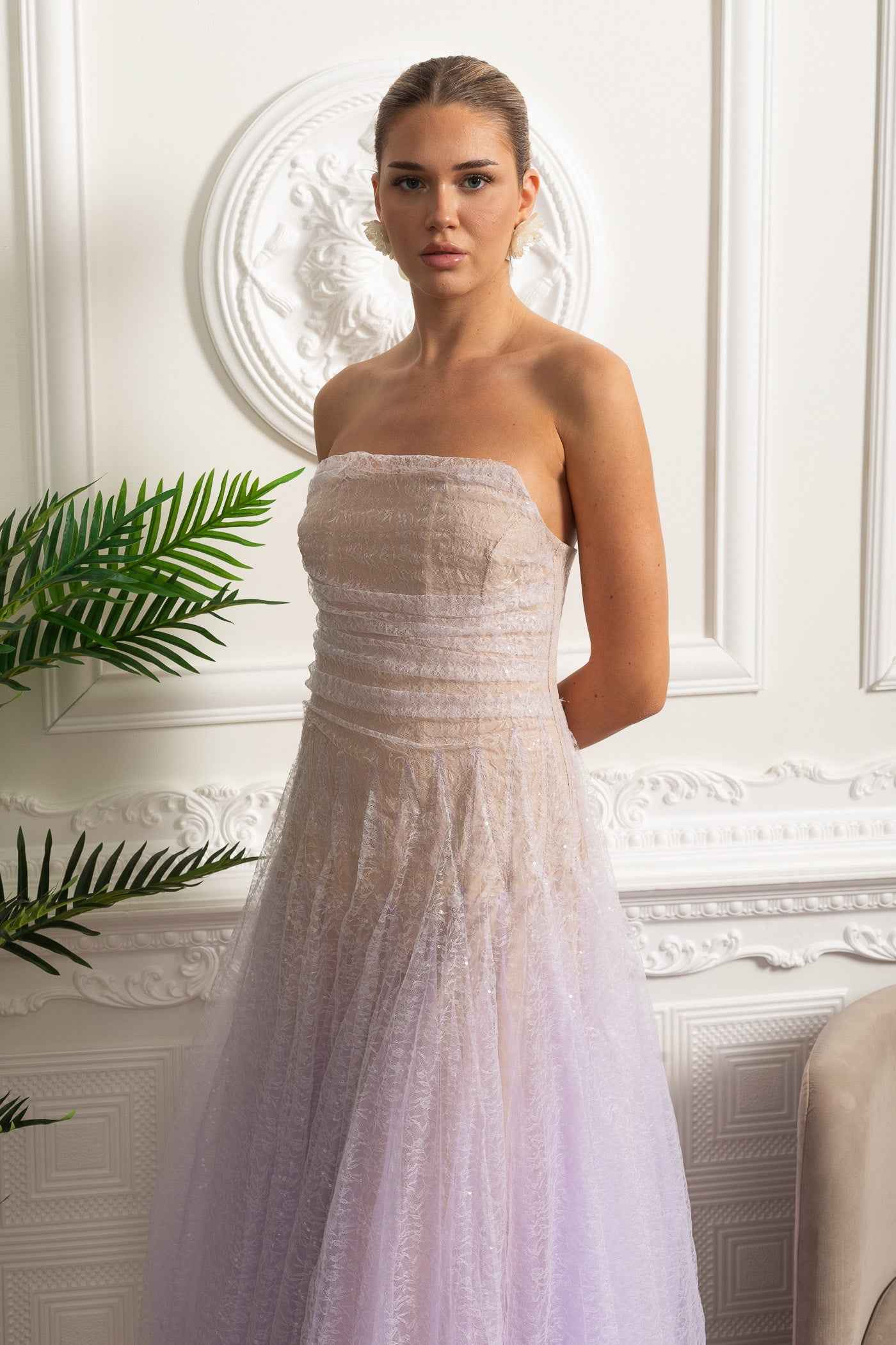 STRAPLESS FITTED MIDI COCKTAIL PARTY DRESS