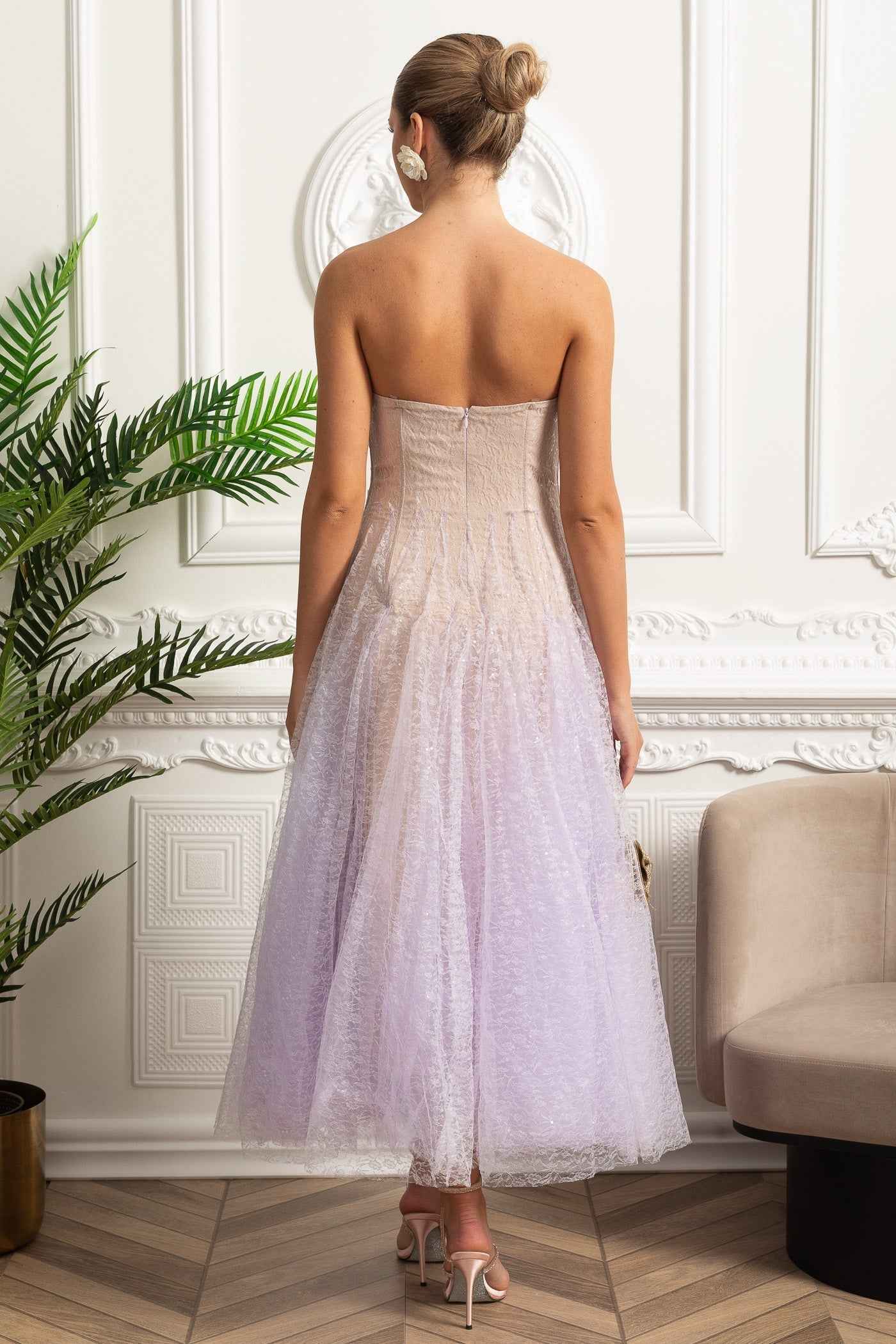 STRAPLESS FITTED MIDI COCKTAIL PARTY DRESS