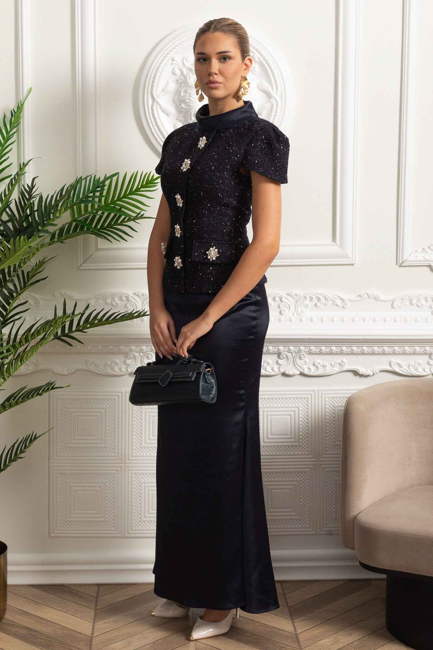 EMBELLISHED SATIN MAXI FORMAL EVENING DRESS