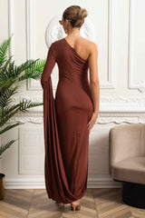 ASYMMETRICAL FITTED MAXI EVENING DRESS
