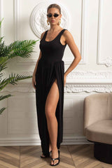 Draped Maxi Dress With Sculptural Skirt And Side Slit - Black