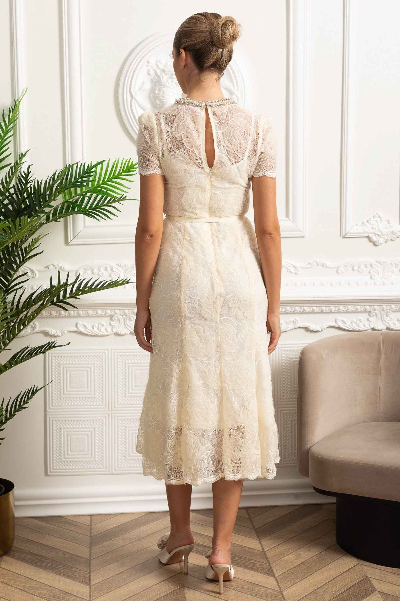 LACE FLORAL MIDI COCKTAIL PARTY DRESS