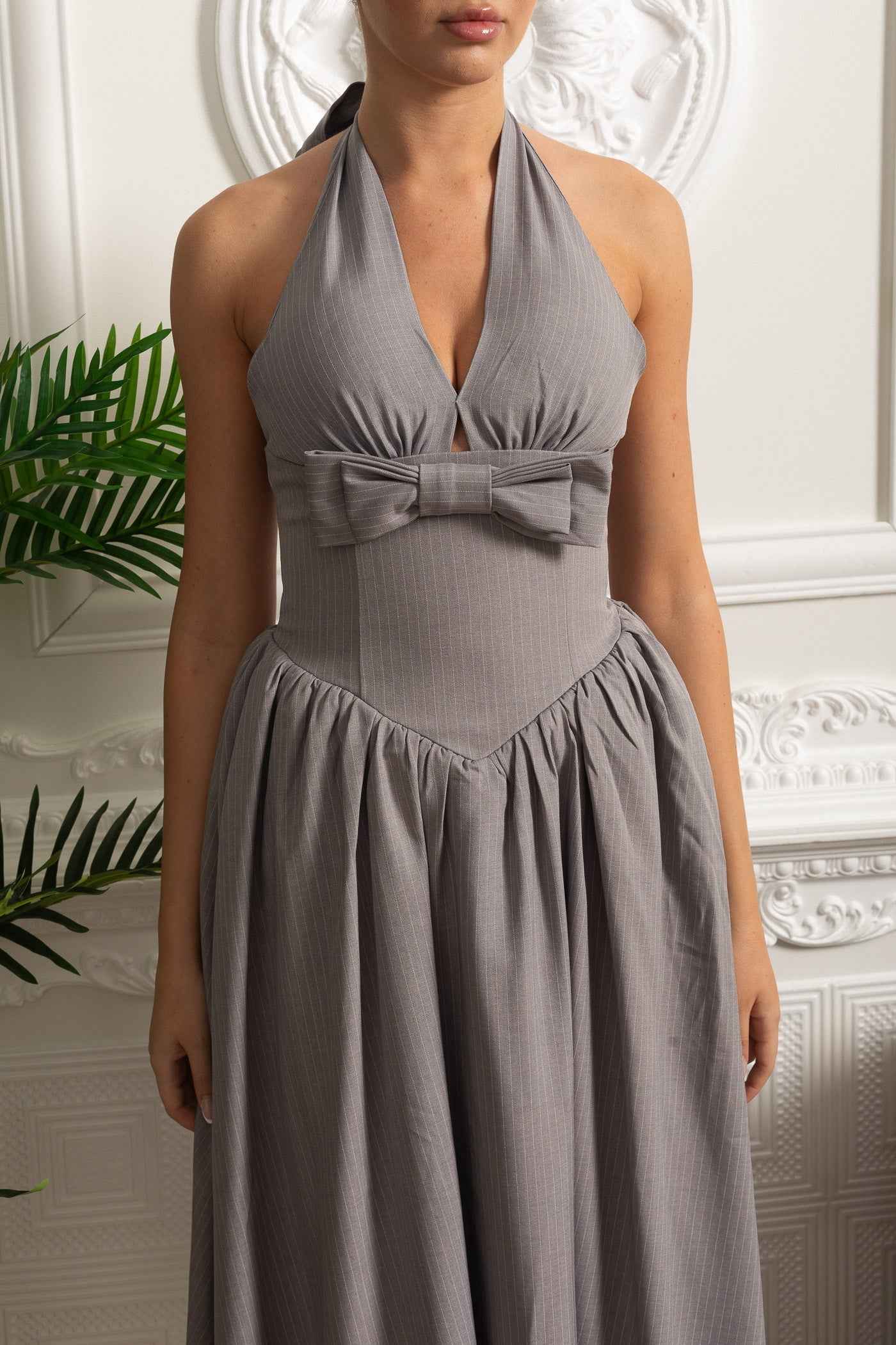 Halterneck Midi Dress With Bow Detail And Gathered Skirt - Gray
