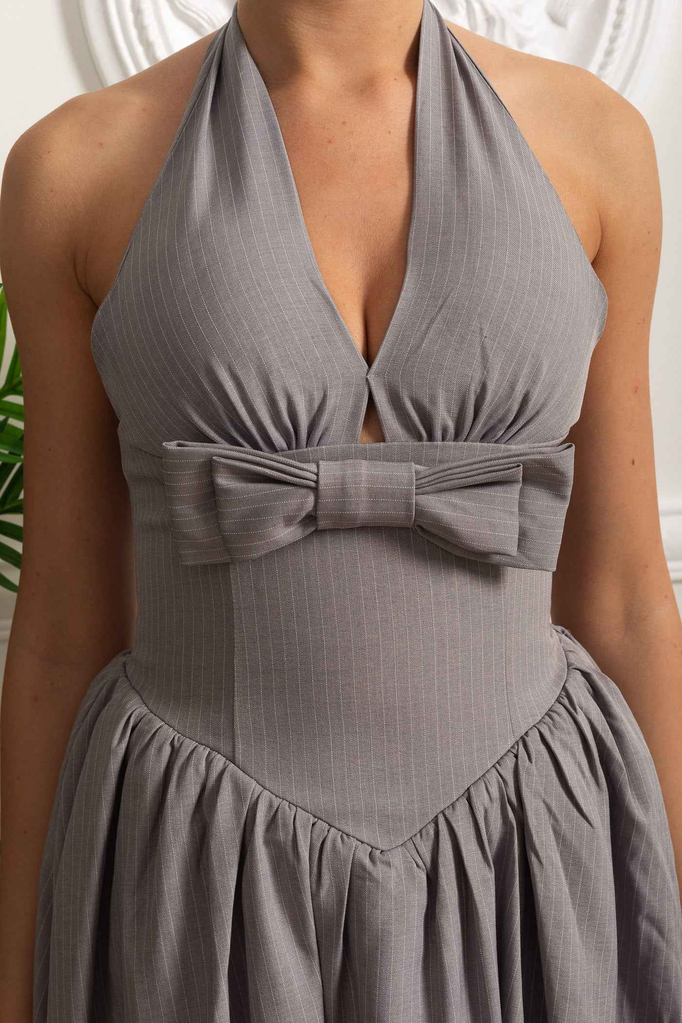 Halterneck Midi Dress With Bow Detail And Gathered Skirt - Gray
