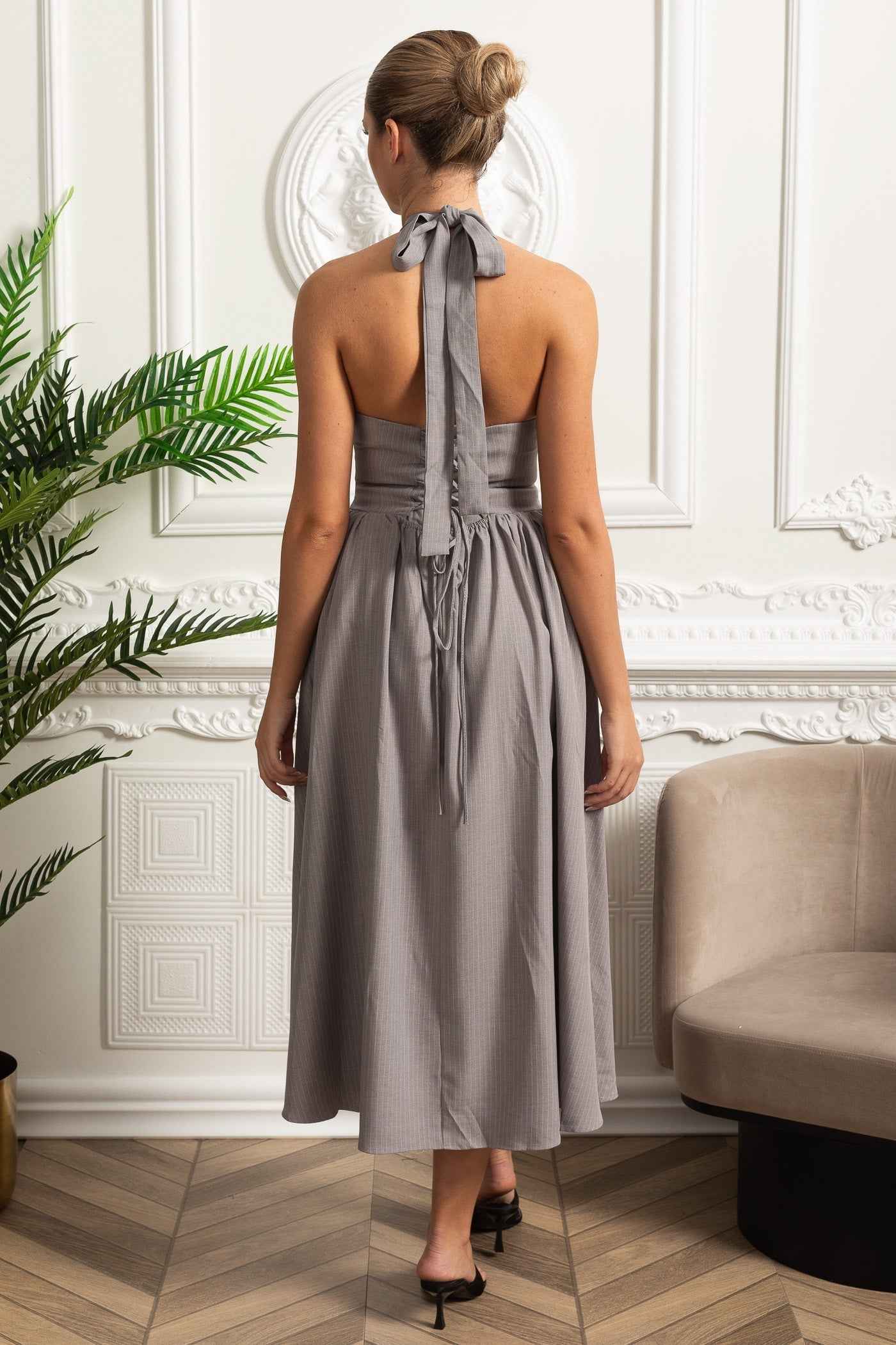 Halterneck Midi Dress With Bow Detail And Gathered Skirt - Gray
