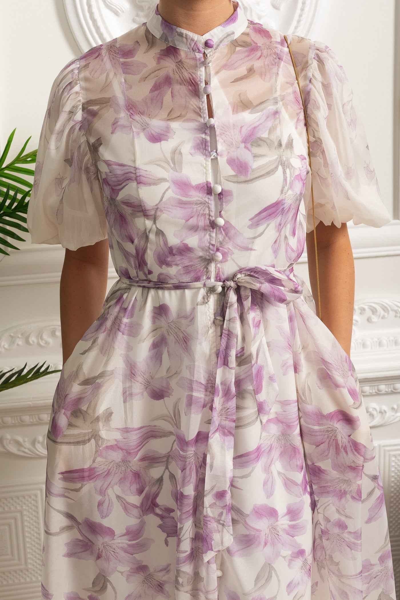 Sheer Silk Midi Shirt Dress with Botanical Motif and Tie Belt - White/Purple