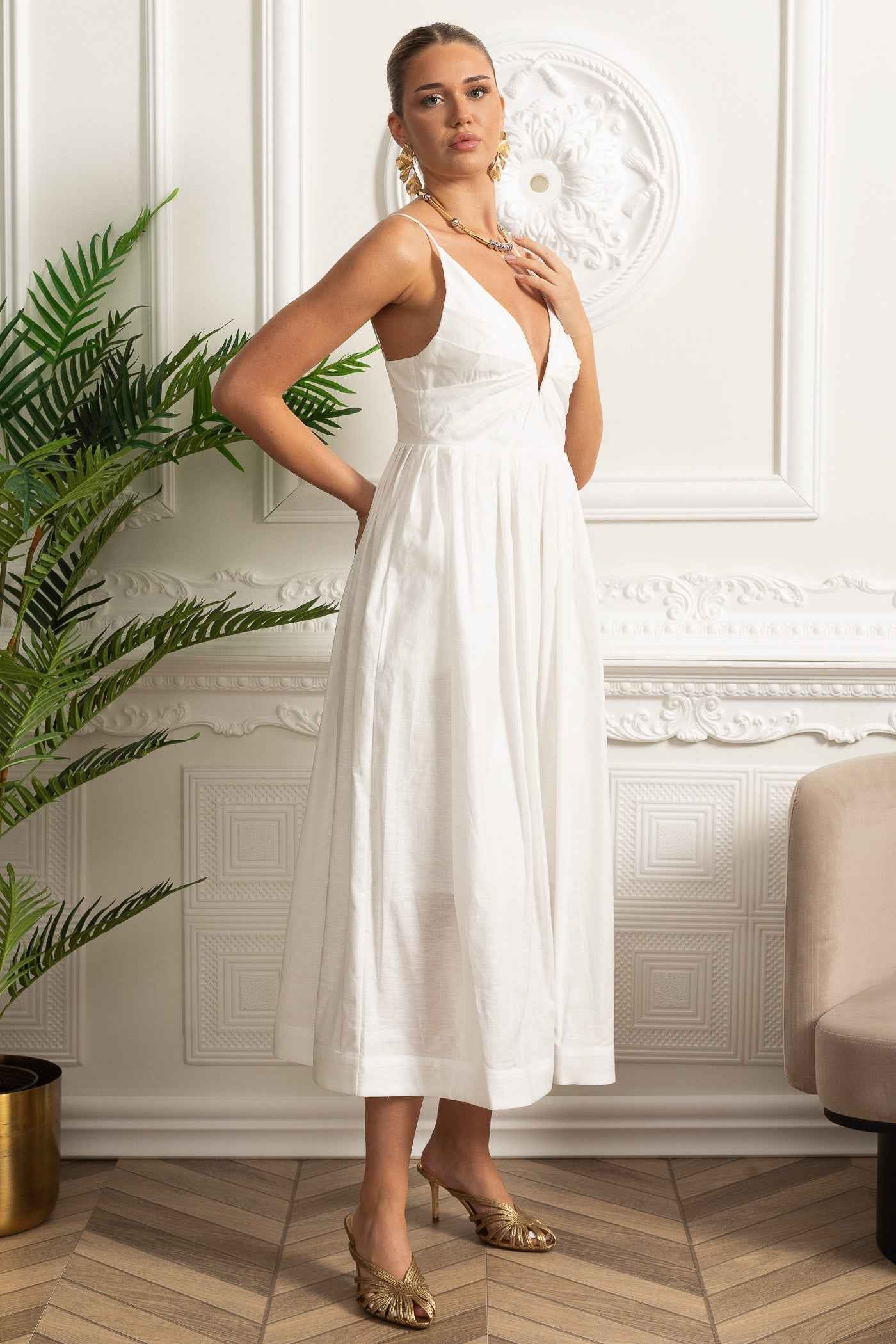 Ruched Bodice Strappy Midi Dress with Smocked Back and Gathered Skirt- White