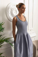 Beaded Scoop-Neck Ribbed Midi Dress - Baby Blue