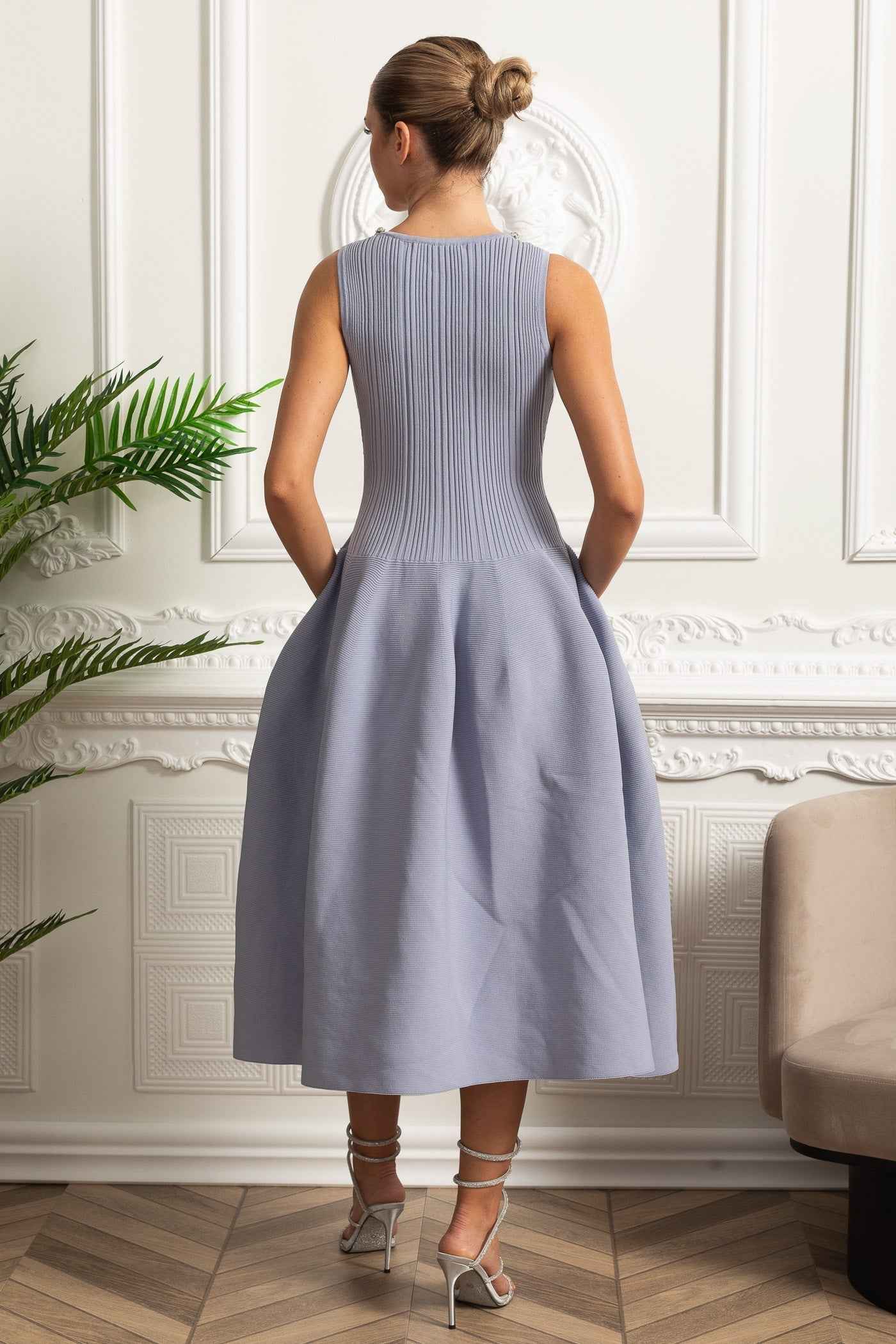SLEEVELESS RIBBED MIDI COCKTAIL SUMMER DRESS