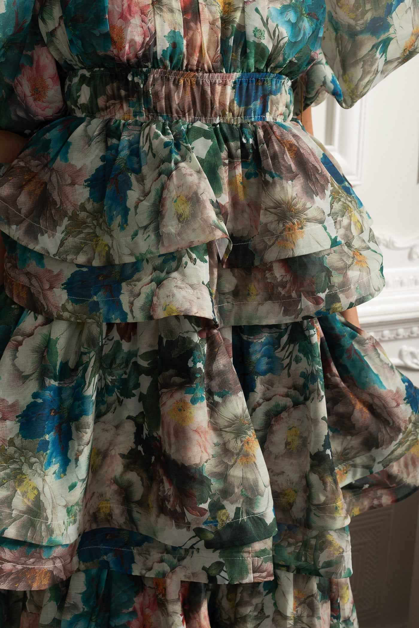 Puff Sleeve Tiered Ruffle Midi Dress - Green