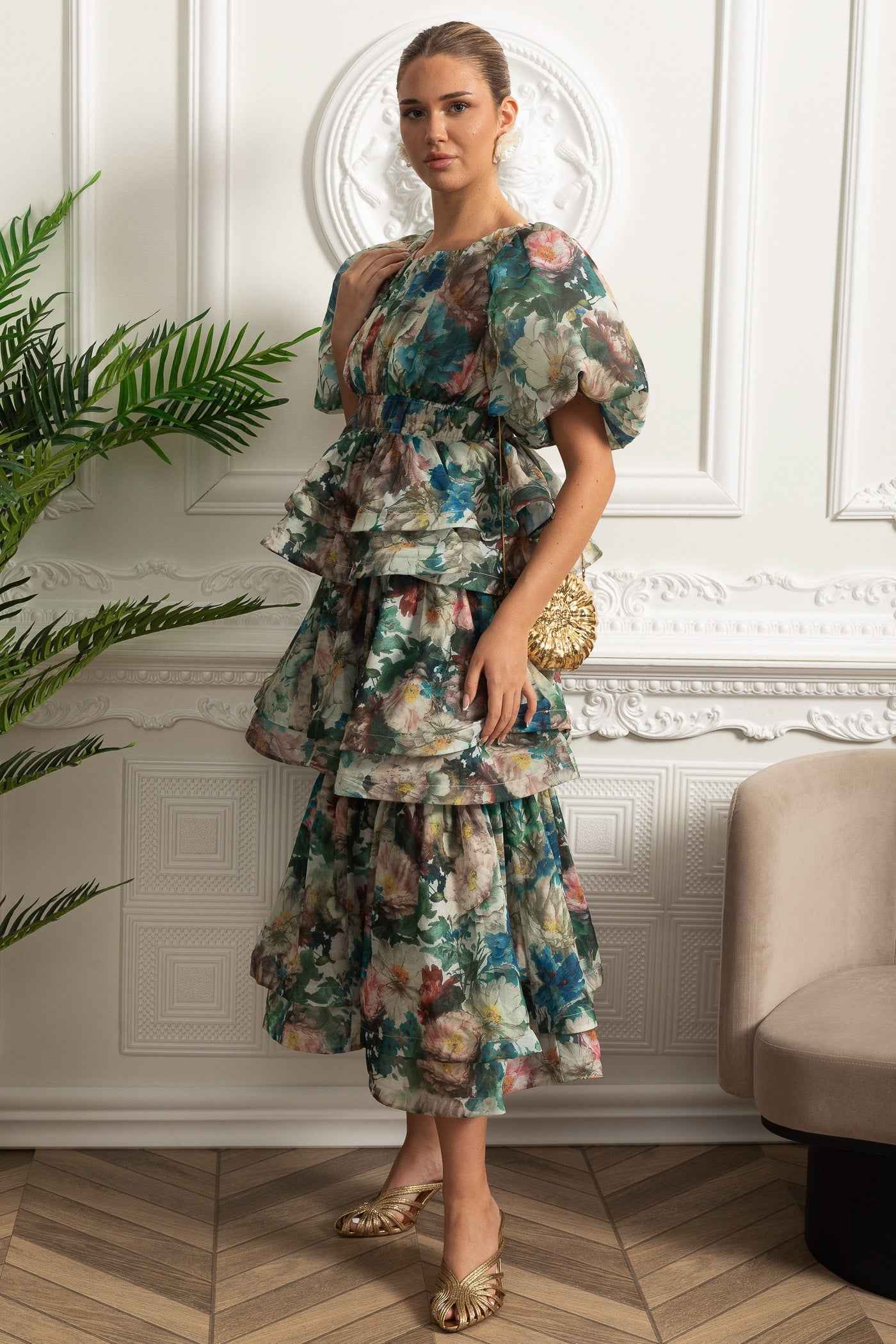 Puff Sleeve Tiered Ruffle Midi Dress - Green