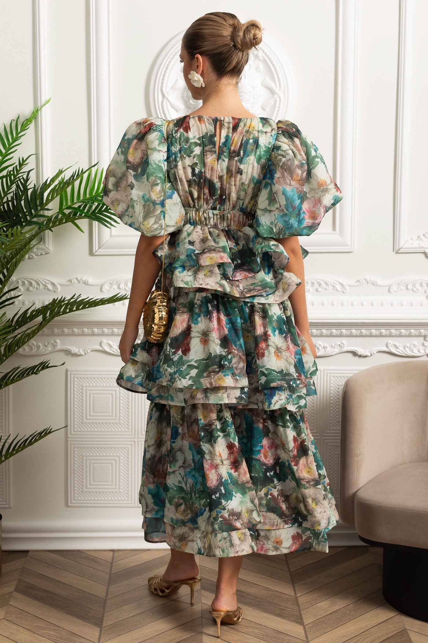 Puff Sleeve Tiered Ruffle Midi Dress - Green