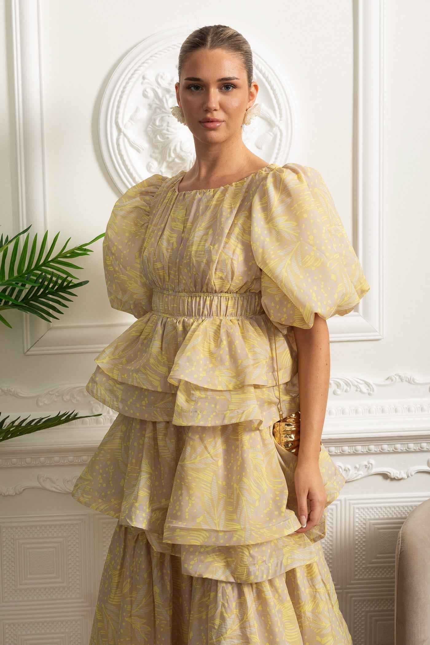 Puff Sleeve Tiered Ruffle Midi Dress - Yellow