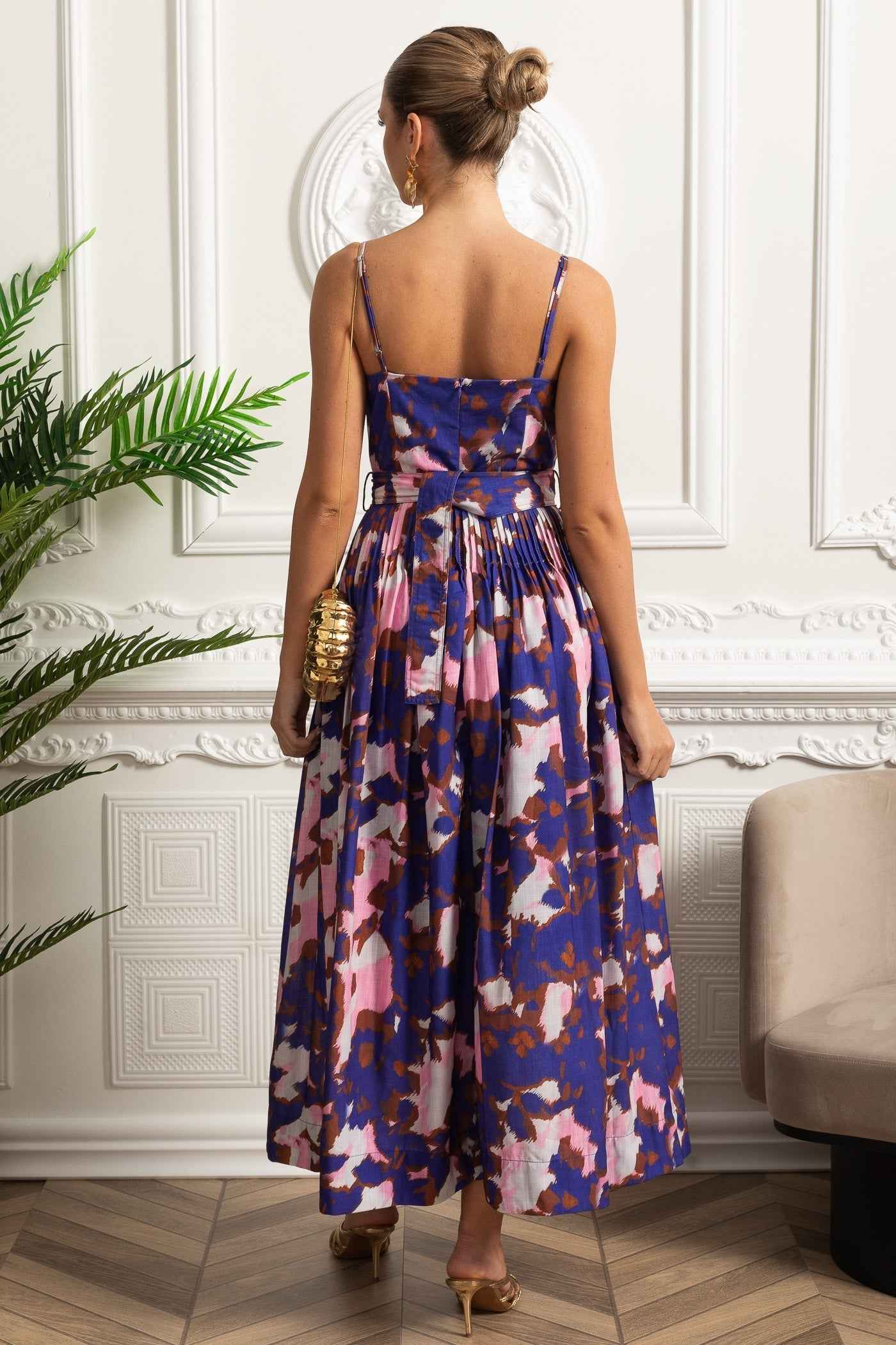 Pleated Bust Belted Midi Dress with Spaghetti Straps - Purple