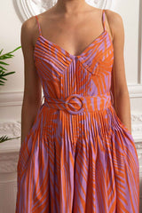 Pleated Bust Belted Midi Dress with Spaghetti Straps - Red
