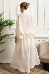 Organza Maxi Dress with Bow Collar and Voluminous Silhouette - Ivoire