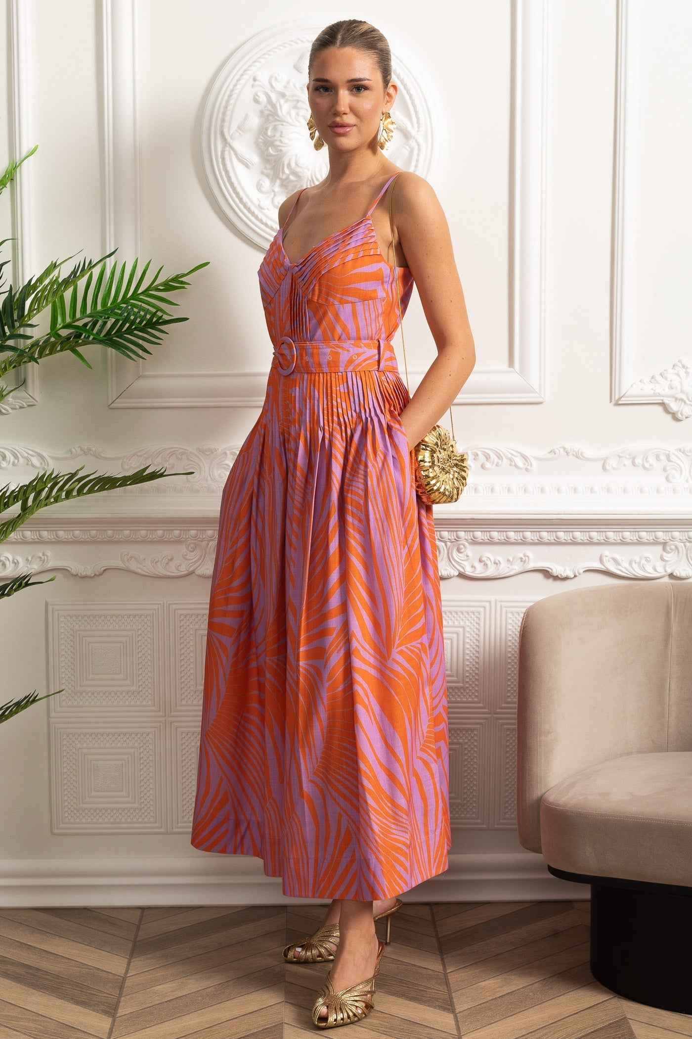 Pleated Bust Belted Midi Dress with Spaghetti Straps - Red