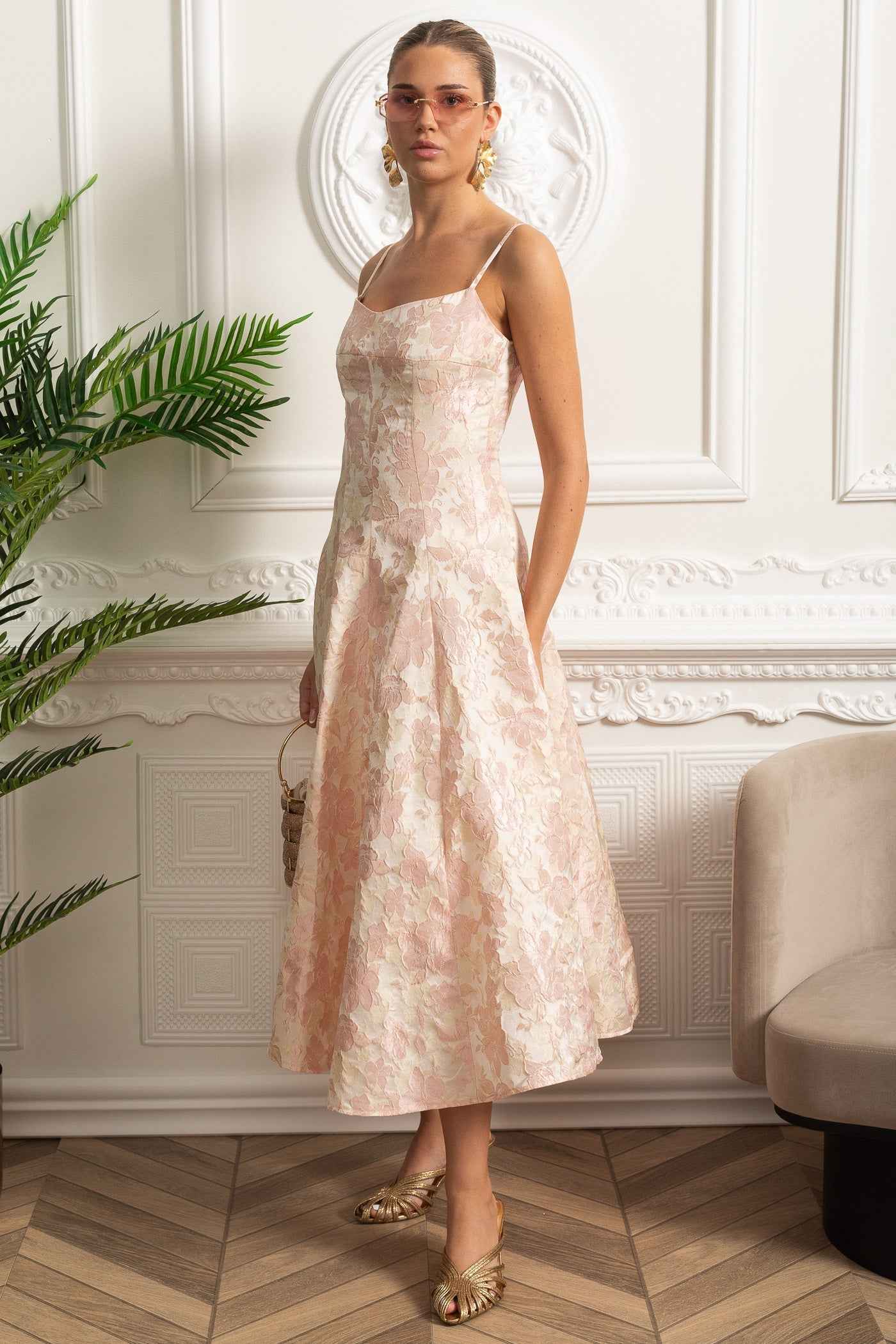 Jacquard Midi Dress with Floral Motif and Spaghetti Straps - Blush Pink