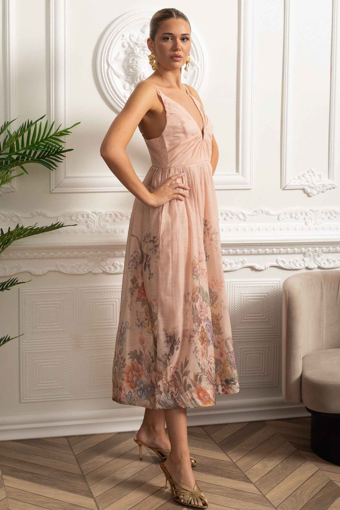 Ruched Bodice Strappy Midi Dress with Smocked Back and Gathered Skirt- Blush