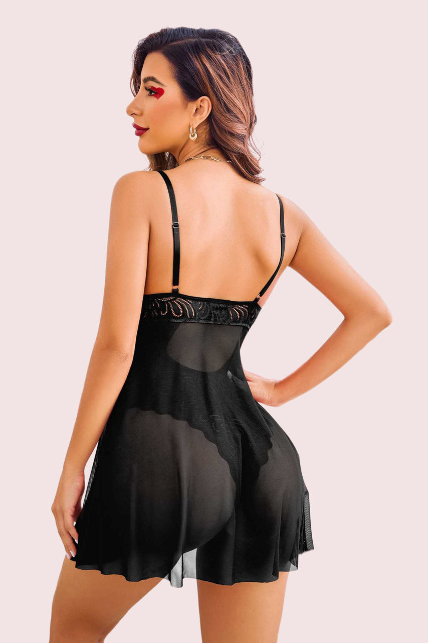 Feather Lace Teddy with Mesh Overlay