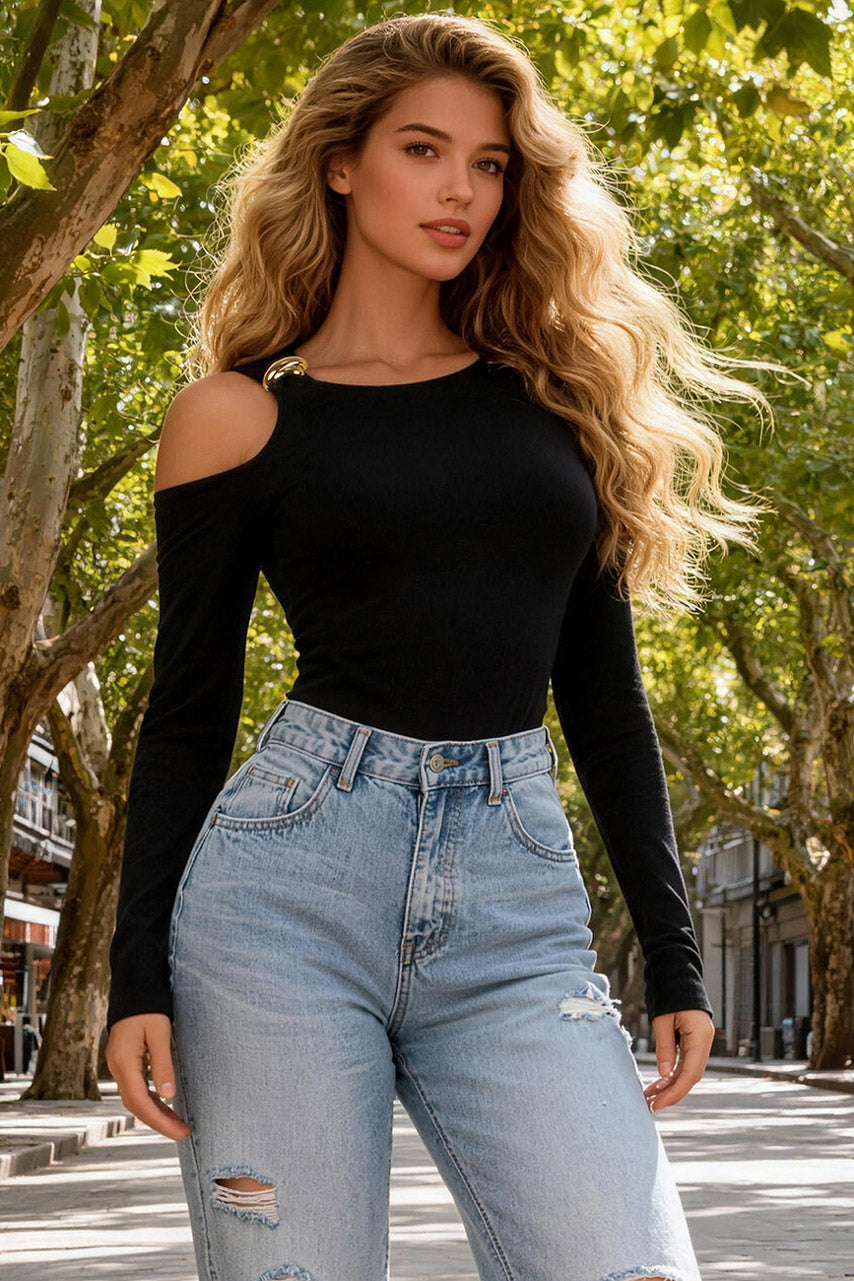 Black Open Shoulder Bodysuit