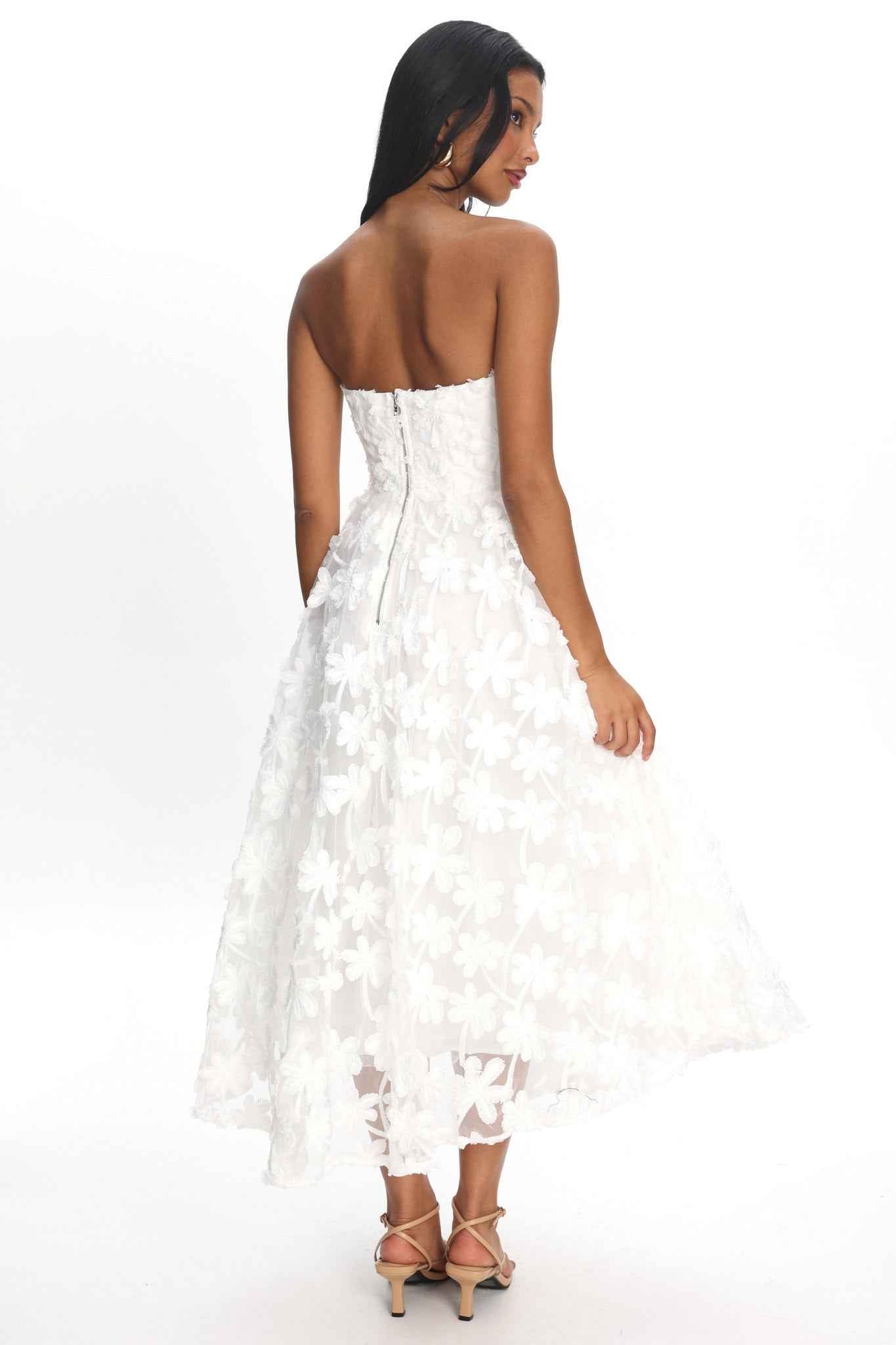 STRAPLESS FLORAL MIDI PARTY BRIDAL DRESS