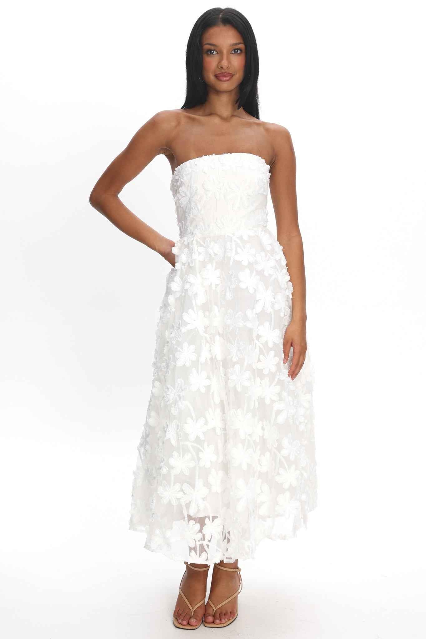 STRAPLESS FLORAL MIDI PARTY BRIDAL DRESS