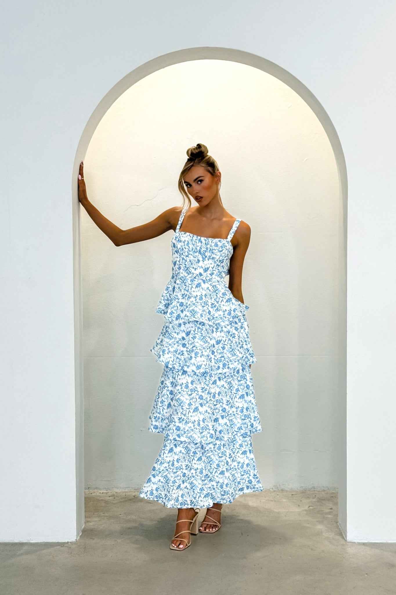 FLORAL TIERED MIDI WEDDING GUEST DRESS