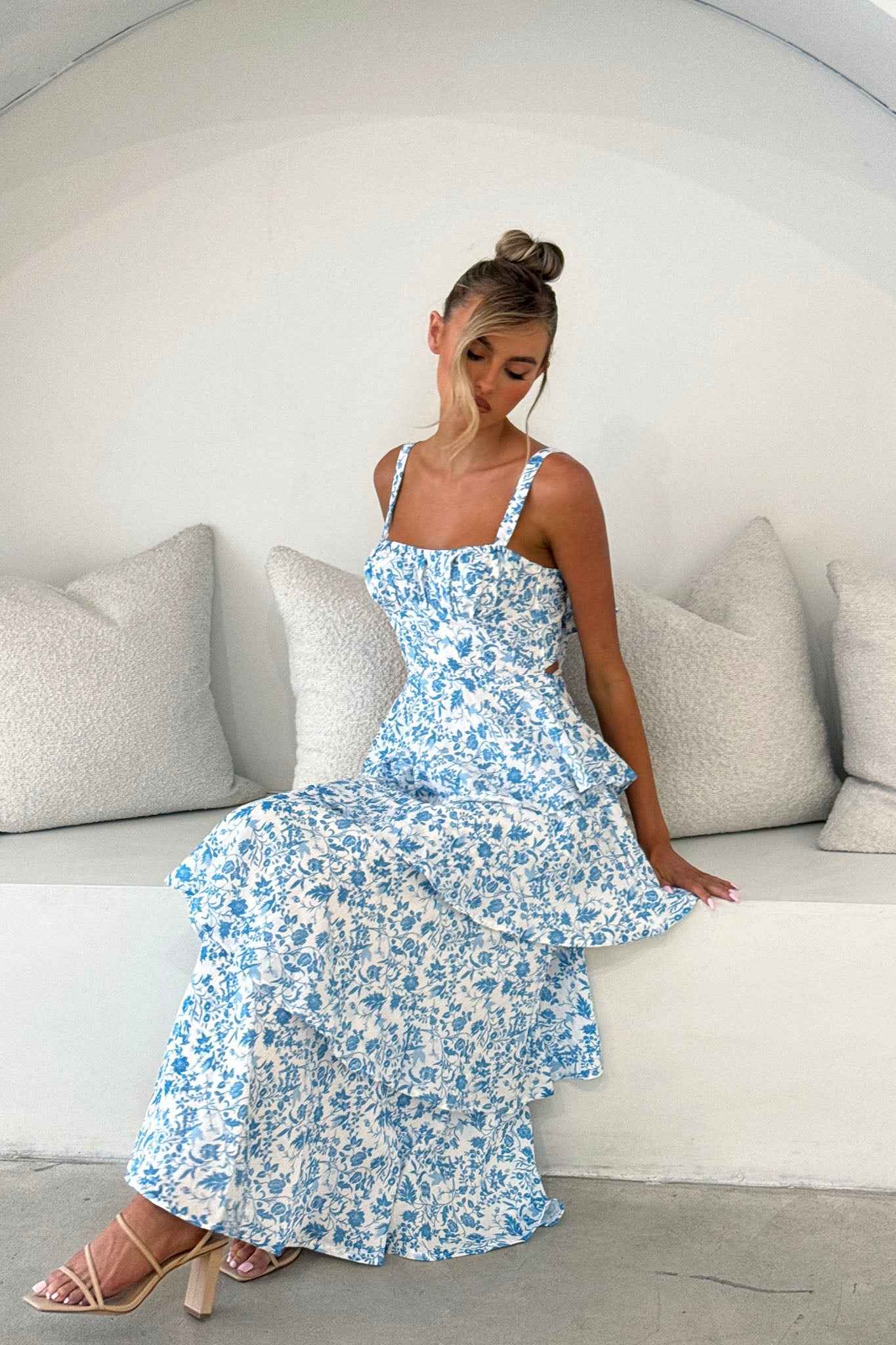 FLORAL TIERED MIDI WEDDING GUEST DRESS