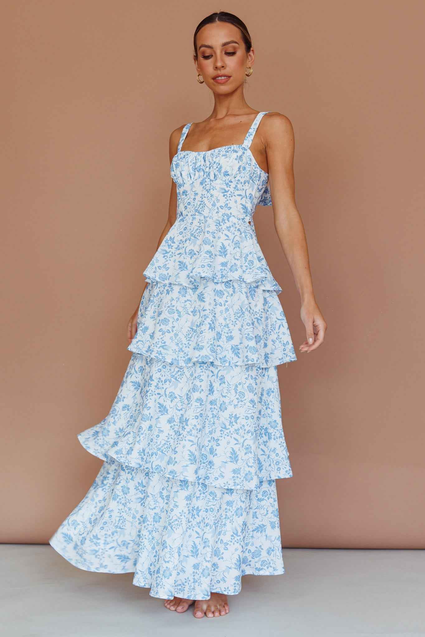 FLORAL TIERED MIDI WEDDING GUEST DRESS
