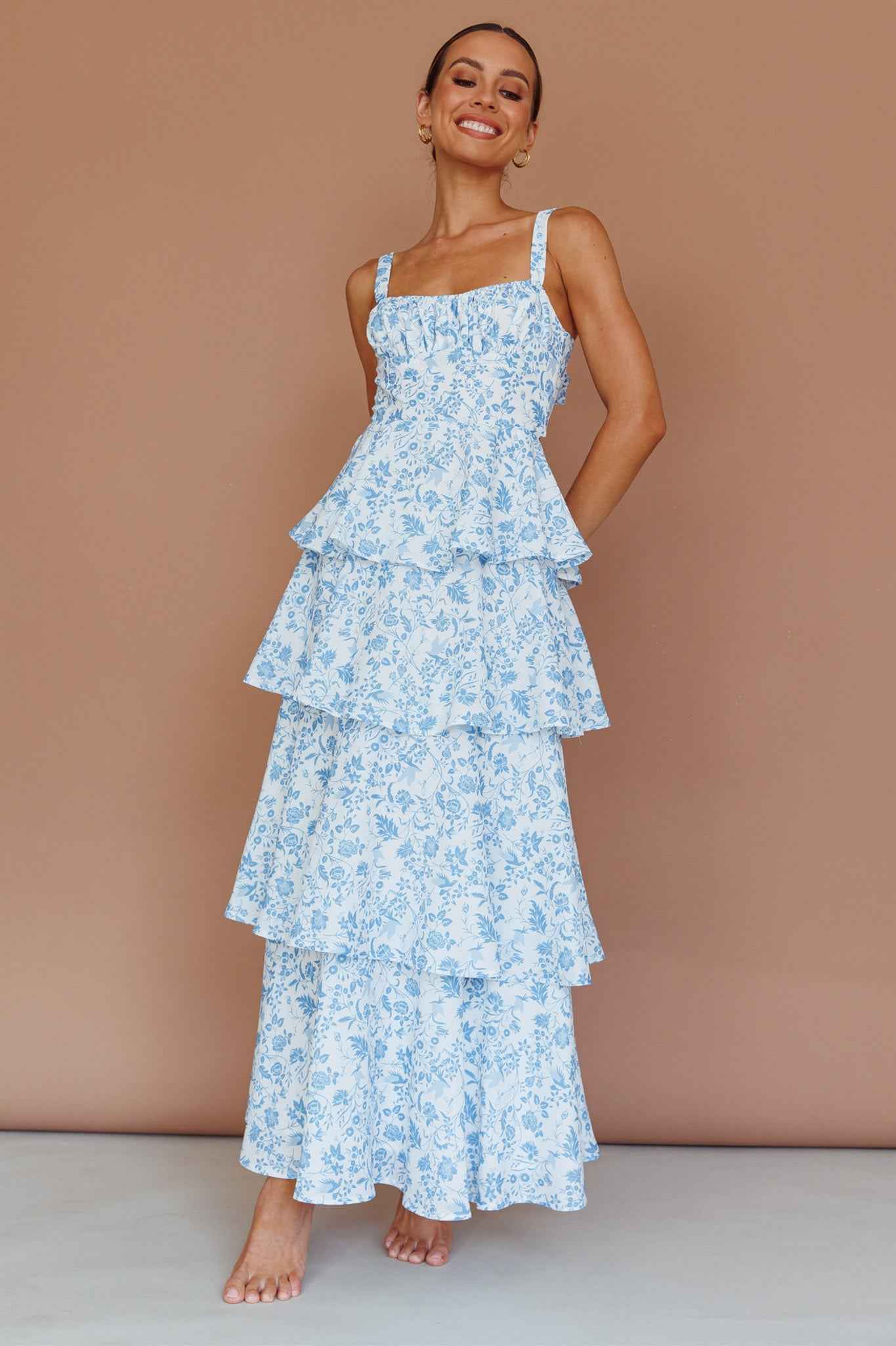 FLORAL TIERED MIDI WEDDING GUEST DRESS