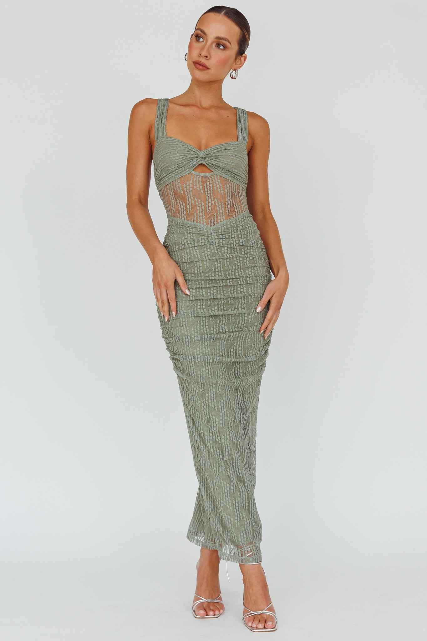 MESH RUCHED MIDI COCKTAIL EVENING DRESS