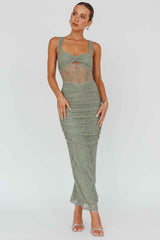 MESH RUCHED MIDI COCKTAIL EVENING DRESS
