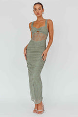 MESH RUCHED MIDI COCKTAIL EVENING DRESS