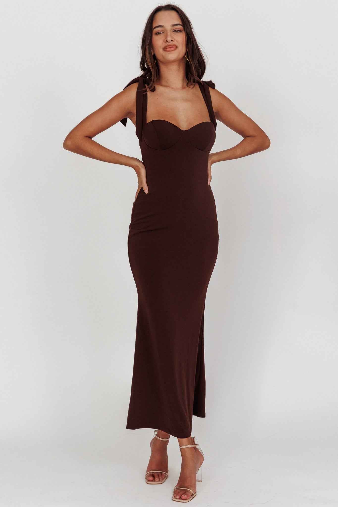 TIED STRAP SWEETHEART MAXI WEDDING GUEST DRESS